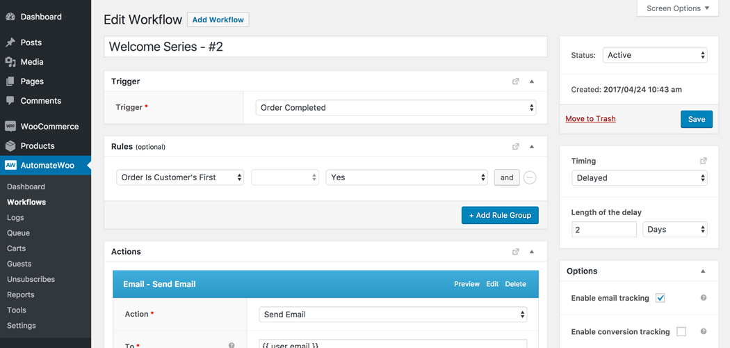 AutomateWoo plugin workflow list