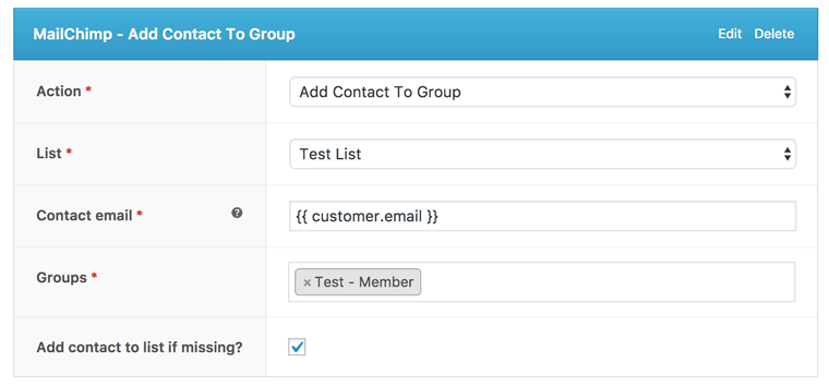 AutomateWoo add contact to MailChimp group screenshot